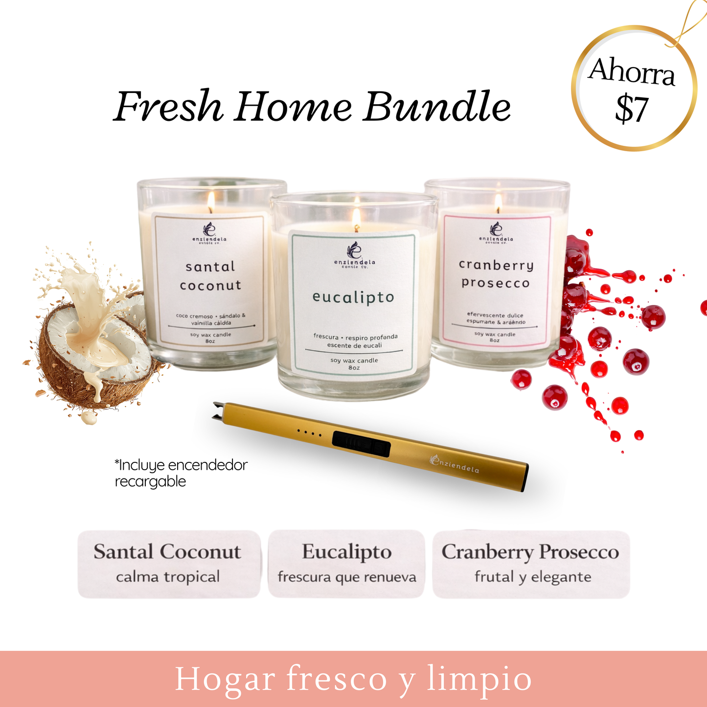 Kit completo para tu hogar • 3 Velas + Encendedor • Eucalipto + Cranberry Prosecco + Santal Coconut