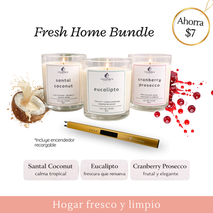 Kit completo para tu hogar • 3 Velas + Encendedor • Eucalipto + Cranberry Prosecco + Santal Coconut