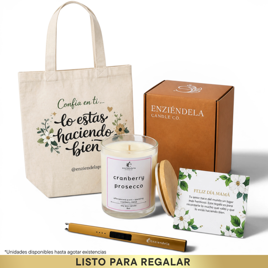 Regalo para Mamá | Vela Cranberry Prosecco | Incluye Bulto Reusable & Encendedor Recargable