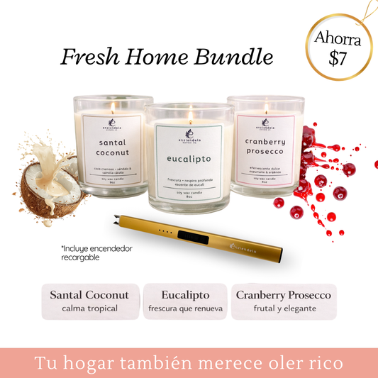 Kit completo para después de limpiar tu hogar • 3 Velas + Encendedor • Eucalipto + Cranberry Prosecco + Santal Coconut