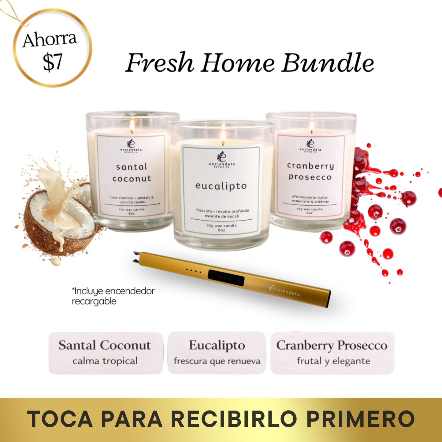Kit completo para tu hogar • 3 Velas + Encendedor • Eucalipto + Cranberry Prosecco + Santal Coconut