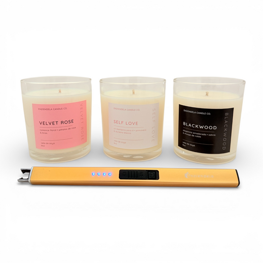 Bundle Self Love • Para Regalar • 3 velas + Encendedor Eléctrico Recargable + Tarjeta con afirmaciones