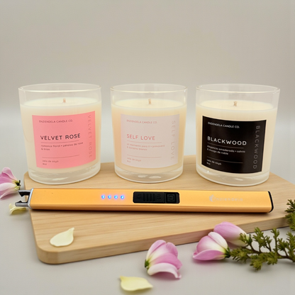 Bundle Self Love • Para Regalar • 3 velas + Encendedor Eléctrico Recargable + Tarjeta con afirmaciones