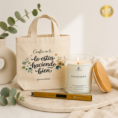 Confía en ti • Ritual completo para desconectar • Incluye vela Eucalipto • Encendedor • Bulto reusable