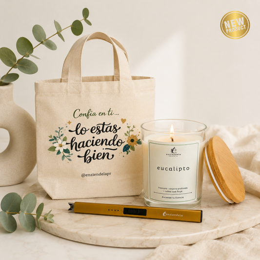 Confía en ti • Ritual completo para desconectar • Incluye vela Eucalipto • Encendedor • Bulto reusable